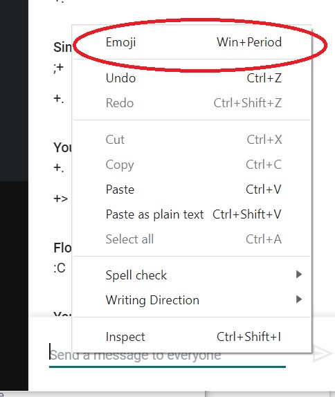 Screen shot of right click menu with Emoji shortcut